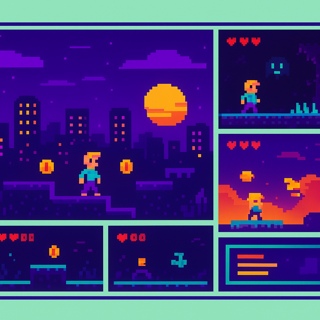 Gameplay montage: neon pixel art UI and level snippets