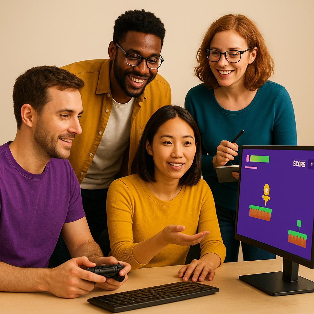 Studio portrait with developers testing a build on monitors